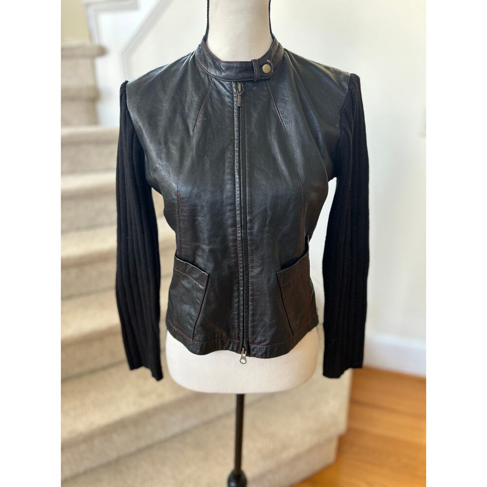 Vintage Y2K Leather & Wool Ribbed Knit Minimalist Zip Up Moto Jacket